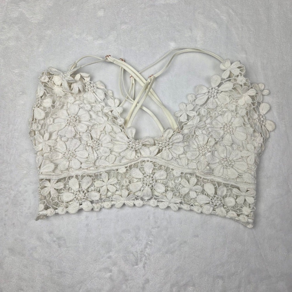 Free People Bralette Womens Medium Ivory Floral‎ Lace Strappy Crochet Excellent